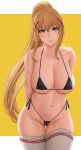  1girl alternate_version_available aqua_eyes archway_of_venus arms_behind_back bangs bare_shoulders belly belly_button big_breasts bikini black_bikini black_swimsuit blonde_hair blue_eyes blunt_bangs blush border breasts cameltoe cleavage closed_mouth cowboy_shot curvaceous curvy curvy_figure darkness_(konosuba) eye_contact eyebrows_visible_through_hair eyelashes female_only gluteal_fold hair_between_eyes hair_ornament halterneck high_ponytail high_res high_resolution highleg highleg_bikini highleg_swimsuit hourglass_figure huge_breasts kono_subarashii_sekai_ni_shukufuku_wo! light-skinned_female light_skin long_hair looking_at_viewer micro_bikini navel pink_lips pose posing revealing_clothes side-tie_bikini sideboob sidelocks simple_background smirk socks standing stockings string_bikini swimsuit thick_thighs thigh_gap thighs thin_waist tied_hair very_high_resolution very_long_hair white_border white_legwear wide_eyed wide_hips x_hair_ornament yellow_background zaphn 