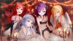  4girls absurd_res ahoge angel angel_and_devil bandeau blonde_hair blue_eyes breasts brown_eyes candle cleavage cross_hair_ornament demon_girl demon_wings elbow_gloves fangs female_only film_grain gabriel_dropout gabriel_tenma_white gloves hair_ornament hair_rings hallelujah_essaim high_res horns long_hair looking_at_viewer lying md5_mismatch midriff multiple_girls on_stomach purple_hair raphiel_shiraha_ainsworth red_eyes red_hair rubbing_eyes satanichia_kurumizawa_mcdowell sazanka short_hair silver_hair sitting strap_slip vignette_tsukinose_april wings x_hair_ornament 