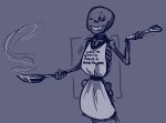  1boy 2010s 2015 2d 2d_(artwork) animated_skeleton apron bad_id bad_tumblr_id digital_media_(artwork) frying_pan inactive_account male male_only monochrome monster naked_apron noxiousaberration one_eye_closed partially_nude sans sans_(undertale) simple_background skeleton solo solo_male spatula text_on_apron tumblr undead undertale undertale_(series) video_game_character video_games 