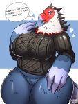  1girl 2020 4_fingers amelia_(animal_crossing) animal_crossing anthro avian beak big_breasts bird black_feathers blush bottomless breasts chubby chubby_female clothed clothes clothing cowboy_shot curvy_figure dialogue english_text falconid feathers female_only front_view furry heart high_res looking_at_viewer multicolored_body nintendo ocaritna open_mouth red_feathers simple_background smile speech_bubble sweater text thick_thighs thighs wide_hips wings 