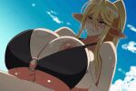 1boy 1girl assisted_masturbation beach beach_umbrella big_breasts blush bra breasts centorea_shianus engulfing_paizuri erect_nipples gif hands_on_own_breasts hetero moaning monster_girl monster_musume_no_iru_nichijou nipples paizuri private wet