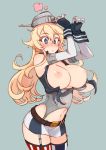 1girl 1girl 1girl :o areola arms_up bangs belt big_breasts blonde blue_eyes blush breasts breasts_out_of_clothes elbow_gloves eyebrows_visible_through_hair fingerless_gloves garter_straps gloves headgear iowa_(kantai_collection) kantai_collection kusanagi_tonbo lingerie long_hair miniskirt mismatched_legwear navel nipples no_bra parted_lips simple_background skirt star star-shaped_pupils star_(symbol) stockings striped striped_legwear symbol-shaped_pupils vertical-striped_legwear vertical_stripes