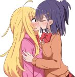  2_girls ahoge bad_id bad_pixiv_id black_hair blonde_hair blush bow closed_eyes gabriel_dropout gabriel_tenma_white hair_ornament high_res jacket kissing long_hair looking_at_another medium_hair miruzawa_akechi multiple_girls ponytail purple_eyes school_uniform simple_background upper_body vignette_tsukinose_april white_background x_hair_ornament yuri 