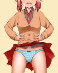  1girl 1girl :d ass_visible_through_thighs blue_panties blush bow bow_panties cardigan commentary_request cowboy_shot cross dr_rex fang gabriel_dropout hair_rings hands_on_own_hips head_out_of_frame inverted_cross neck_tie open_mouth panties pantyshot pink_hair polka_dot polka_dot_panties red_hair satanichia_kurumizawa_mcdowell school_uniform skirt smile standing underwear wind wind_lift 