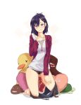  1girl ass_visible_through_thighs barefoot belt black_panties blue_hair casual clothes_pull collarbone commentary_request full_body gabriel_dropout grin hair_between_eyes hair_ornament hand_on_own_chest hand_on_own_thigh head_tilt heart heart_pillow high_res jewelry kneel long_hair looking_at_viewer necklace panties pillow purple_eyes saruno_(eyesonly712) shirt shorts shorts_pull simple_background smile underwear vignette_tsukinose_april white_background white_shirt 