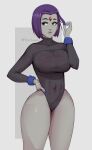 1girl abs grey_skin huge_breasts nails phat_smash raven_(dc) short_hair teen_titans thick_thighs tight_suit violet_eyes violet_hair