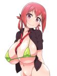  1girl 1girl bikini blush breasts closed_mouth collarbone commentary_request covered_nipples elf_k gabriel_dropout green_bikini hair_between_eyes hair_rings head_tilt high_res huge_breasts looking_at_viewer micro_bikini navel neck_tie open_clothes open_shirt pink_eyes red_hair red_necktie satanichia_kurumizawa_mcdowell smile swimsuit white_background 