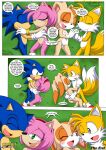  2_tails amy_rose anthro anthro_on_anthro bbmbbf black_nose blue_fur blush bodily_fluids bunny colored_background comic cream_the_rabbit cum cum_in_pussy daytime female fox fur furry gloves grass hedgehog looking_at_another male male/female mammal miles_&quot;tails&quot;_prower mobius_unleashed palcomix pussy sega sonic_the_hedgehog sonic_the_hedgehog_(series) tails_the_fox text text_bubble video_games yellow_fur 