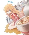  1girl :t ^^^ barefoot blonde_hair blush chopsticks closed_mouth commentary_request computer cup_ramen dutch_angle food from_behind gabriel_dropout gabriel_tenma_white hair_between_eyes hc2002 jacket kamaboko laptop long_hair long_sleeves looking_back messy_hair mouth_hold narutomaki noodles on_floor purple_eyes ramen sfw sitting sparkle track_jacket very_long_hair white_background wooden_floor 