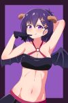  1girl 1girl bad_id bad_twitter_id bare_shoulders bat_hair_ornament belly demon_girl demon_horns demon_wings gabriel_dropout gloves hair_ornament hallelujah_essaim high_res horns nyaroon purple_background purple_eyes purple_hair short_hair tongue tongue_out vignette_tsukinose_april wings x_hair_ornament 