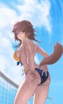  1girl 1girl :3 absurd_res animal_ears ass beach_volleyball big_breasts bikini bone_hair_ornament braid breasts brown_hair cloud dog_ears dog_girl dog_tail failose hair_ornament hand_gesture high_res hololive inugami_korone looking_at_viewer looking_back smile swimsuit tail twin_braids virtual_youtuber volleyball_net 