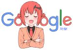  1girl :d bat_hair_ornament black_shirt blush cardigan closed_eyes collared_shirt commentary company_name crossed_arms facing_viewer fang faubynet gabriel_dropout google hair_ornament hair_rings neck_tie open_mouth red_necktie satanichia_kurumizawa_mcdowell school_uniform sfw shirt sidelocks simple_background sketch smile smug translated upper_body v-shaped_eyebrows white_background 