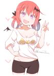  1girl 1girl :3 :d bad_id bad_pixiv_id bat_hair_ornament bike_shorts blush breasts cleavage clothes_writing commentary cowboy_shot fang gabriel_dropout groin hair_ornament hair_rings hand_on_own_hip head_tilt kitahara_tomoe_(kitahara_koubou) long_hair looking_at_viewer medium_breasts midriff off_shoulder open_mouth print_shirt purple_eyes red_hair satanichia_kurumizawa_mcdowell shirt sketch smile twitter_username v-shaped_eyebrows 