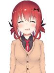  1girl ^_^ arms_at_sides bat_hair_ornament black_shirt blush cardigan closed_eyes commentary_request cross fang gabriel_dropout hair_ornament hair_ribbon hair_rings high_res inverted_cross neck_tie nervous_smile open_mouth red_hair ribbon satanichia_kurumizawa_mcdowell school_uniform sfw shirt smile takanashi_karuta upper_body white_background 