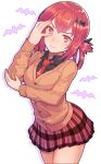  &gt;:) 1girl absurd_res animal_print bat_hair_ornament bat_print black_shirt breasts cardigan closed_mouth collared_shirt commentary_request cowboy_shot cross cross_print gabriel_dropout hair_ornament hair_rings high_res inverted_cross kibanda_gohan looking_at_viewer medium_breasts neck_tie plaid plaid_skirt pleated_skirt pose red_eyes red_hair red_necktie red_skirt satanichia_kurumizawa_mcdowell school_uniform sfw shadow shirt sidelocks simple_background skirt smile smug thighs v-shaped_eyebrows white_background 