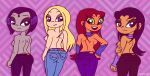  ass big_ass black_hair blackfire blonde_hair blue_eyes bubble_butt green_eyes jeans nipple purple_eyes purple_hair raven_(dc) rayryan_(artist) red_hair sideboob starfire teen_titans terra topless 