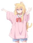  1girl ahoge animal_ears arms_up blonde_hair blue_eyes blush cat_ears cat_girl cat_tail closed_mouth collarbone commentary cowboy_shot gabriel_dropout gabriel_tenma_white hair_between_eyes kemonomimi_mode long_hair long_sleeves looking_afar loose_clothes loose_shirt messy_hair neckerchief oversized_clothes pink_shirt piyomi red_neckerchief sailor_collar school_uniform sfw shirt sidelocks simple_background standing sweatdrop tail very_long_hair wavy_hair white_background 