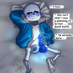 1:1 1:1_aspect_ratio 1boy 2d animated_skeleton balls blue_blush blue_hoodie blue_jacket blue_penis blue_testicles blush bottomless bottomless_male clothed comic_sans digital_media ectopenis ectoplasm english_text fallen_ghost_angel_(artist) genitals glowing glowing_genitalia glowing_penis grabbing_own_penis high_res hooded_jacket hoodie humanoid jacket looking_at_genitalia looking_at_own_penis looking_at_penis looking_down lying male male_focus male_masturbation male_only masturbation monster monster_boy on_back penile_masturbation penis pillow precum sans_(undertale) skeleton socks solo_male speech_bubble sweat talking_to_self testicles text undead undertale undertale_(series) video_game_character video_games