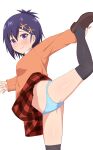 1girl 1girl black_thighhighs blue_hair blue_panties bow bow_panties brown_footwear closed_mouth commentary_request crotch_seam dress_shirt frown gabriel_dropout hair_ornament hairclip high_res leg_hold leg_lift loafers long_sleeves looking_at_viewer miniskirt navel nyaroon orange_sweater panties pantyshot plaid plaid_skirt purple_eyes red_skirt school_uniform shirt shoes short_hair simple_background skirt standing standing_on_one_leg stockings sweatdrop sweater underwear vignette_tsukinose_april white_background white_shirt x_hair_ornament