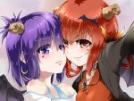  2_girls bare_shoulders bat_hair_ornament blazer cheek-to-cheek choker demon_girl demon_horns demon_wings earrings facial_tattoo gabriel_dropout hair_ornament hair_ribbon hair_rings heads_together heart heart_tattoo high_res horns jacket jewelry looking_at_viewer md5_mismatch medium_hair multiple_girls necklace outstretched_arm parted_lips polo_shirt purple_eyes purple_hair red_eyes red_hair red_shirt revision ribbon satanichia_kurumizawa_mcdowell sazanka sfw shirt skull_necklace smile smirk tattoo topknot upper_body vignette_tsukinose_april wings x_hair_ornament 