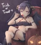  1girl 1girl armchair black_footwear black_panties black_skirt blush boots breasts candy chair cleavage collarbone commentary crop_top crossed_legs curled_horns demon_girl demon_wings english_commentary food gabriel_dropout hair_between_eyes hair_ornament hairclip hallelujah_essaim halloween high_res hikari_niji holding holding_candy holding_food holding_lollipop horns jack-o&#039;-lantern leg_belt licking lollipop looking_at_viewer medium_breasts midriff navel o-ring o-ring_top panties photoshop_(medium) pleated_skirt purple_eyes purple_hair sitting skirt tongue tongue_out trick_or_treat twitter_username underwear vignette_tsukinose_april wings x_hair_ornament 