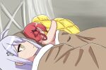  2_girls 500_dollar_four_foot_tall_mareep_(meme) ahoge bed blanket cross_hair_ornament diz_(kaijiecard) gabriel_dropout hair_ornament hair_rings hugging indoors long_hair lying meme multiple_girls object_hug raphiel_shiraha_ainsworth red_hair satanichia_kurumizawa_mcdowell sleeping under_covers yuri 