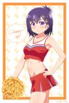  1girl 1girl bad_id bad_pixiv_id bare_shoulders cheerleader collarbone crop_top english_text gabriel_dropout hair_ornament hairclip hand_on_own_hip high_res midriff miniskirt navel nyaroon pleated_skirt pom_pom_(cheerleading) purple_eyes purple_hair short_hair skirt smile speech_bubble stomach tank_top topknot vignette_tsukinose_april x_hair_ornament 