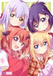  4girls absurd_res bat_hair_ornament blonde_hair blue_eyes brown_eyes cross_hair_ornament fang gabriel_dropout gabriel_tenma_white hair_ornament hair_rings high_res light_purple_hair long_hair long_sleeves looking_at_viewer multiple_girls namori open_mouth pajamas purple_eyes purple_hair raphiel_shiraha_ainsworth red_eyes red_hair satanichia_kurumizawa_mcdowell scan sfw short_hair upper_body v vignette_tsukinose_april x_hair_ornament 