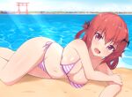  1girl 1girl :d beach big_breasts bikini blue_sky blush breasts cleavage day demon_girl fang gabriel_dropout hair_ornament half-closed_eyes high_res looking_at_viewer lying md5_mismatch navel nyaroon ocean on_side open_mouth outside panties pink_bikini purple_eyes red_hair sand satanichia_kurumizawa_mcdowell side-tie_bikini_bottom side-tie_panties sky smile string_bikini striped striped_bikini swimsuit underwear water 