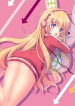  1girl 1girl arrow_(symbol) ass blonde_hair blue_eyes blush candy commentary_request covering_mouth food from_above from_behind gabriel_dropout gabriel_tenma_white headphones holding holding_food jacket leg_lift lollipop long_hair looking_at_viewer looking_back lying naked_jacket no_panties on_stomach pink_background shadow shibainu_niki silhouette star_(symbol) star_print stuffed_animal stuffed_rabbit stuffed_toy thighs track_jacket very_long_hair 