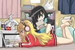  2_girls bag bags_under_eyes barefoot black_hair blonde_hair can commentary_request computer crossover feet gabriel_dropout gabriel_tenma_white green_eyes hair_over_one_eye high_res jacket knives_(knives777) kuroki_tomoko laptop long_hair long_sleeves lying multiple_girls on_stomach plastic_bag playing_games sfw soda_can soles the_pose toes track_jacket trait_connection very_long_hair watashi_ga_motenai_no_wa_dou_kangaetemo_omaera_ga_warui! 