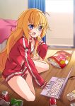  1girl 1girl absurd_res ahoge barefoot bed blonde_hair blue_eyes blush bottle bra can chips_(food) commentary_request computer eating food food_on_face gabriel_dropout gabriel_tenma_white high_res indoors jacket laptop long_hair messy_hair messy_room mousou_(mousou_temporary) no_pants on_floor open_clothes open_jacket open_mouth panties potato_chips sitting sleeves_past_wrists soda_bottle soda_can track_jacket underwear unzipped very_long_hair white_bra white_panties 