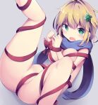 1girl 1girl :o areola_slip ass blonde_hair blue_scarf bound breasts cleavage commentary_request embarrassed flower gabriel_dropout green_eyes hair_flower hair_ornament knee_up kyuukon_(qkonsan) leg_lift looking_at_viewer medium_breasts medium_hair naked_ribbon red_ribbon ribbon ribbon_bondage scarf simple_background spread_legs tapris_chisaki_sugarbell thighs