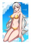 1girl 1girl 1girl alluring alternate_costume bikini breasts cleavage cloud corrin_(fire_emblem) corrin_(fire_emblem)_(female) female_only fire_emblem fire_emblem_fates flower gold_swimsuit hair_flower kneel looking_at_viewer medium_breasts nintendo red_eyes smile sonicheroxd swimsuit yellow_bikini yellow_swimsuit