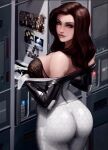 1girl alluring artist_name ass blue_eyes breasts caucasian cleavage clothed dark_hair dat_ass from_behind indoors jacket latex locker looking_at_viewer looking_back luminyu mass_effect miranda_lawson revealing_clothes sexy sideboob skin_tight slut standing