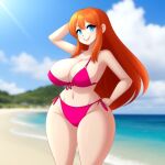 1girl ai_generated ai_hands beach big_ass big_breasts blue_eyes eva_(xxbilsm) frosting.ai grin human light-skinned_female light_skin long_hair orange_hair original_character pink_bikini slim_waist thick_thighs