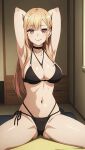  1girl 1girl 1girl alluring arms_behind_head big_breasts big_breasts big_breasts bikini black_bikini blonde_hair cleavage female_only kitagawa_marin legs long_hair navel pink_eyes pose posing sitting smile sono_bisque_doll_wa_koi_wo_suru spread_legs thighs voluptuous zengai 