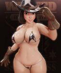 1girl 3d back_view bent_over big_breasts bikini brown_hair bunnyayumi cosplay cow_print cowboy_gloves cowboy_hat cowboy_shot crouching exposed_breasts female_only half_naked huge_breasts large_ass looking_at_viewer nipples pale_skin smile smug solo_female swimsuit twitch.tv twitter