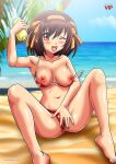 1girl bbmbbf beach bikini blush breasts brown_hair nipples nude one_eye_closed open_mouth palcomix palcomix*vip palcomix_vip pussy spread_legs suzumiya_haruhi suzumiya_haruhi_no_yuuutsu