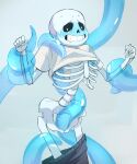  2016 animated_skeleton blue_blush blue_tentacles blush bottom_sans cheztnuts drooling monster pants_down pants_pulled_down sans sans_(undertale) shirt_pulled_up shirt_up simple_background skeleton solo sweat tentacle tentacles_around_arms uke_sans undead undertale undertale_(series) 