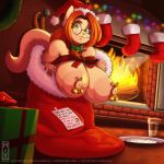 1:1 1girl 1girl 2020 anthro bell bell_collar big_breasts big_nipples biped black_eyebrows bow_tie breasts brown_hair christmas christmas_clothing christmas_headwear christmas_stocking clothing collar detailed_background digital_media_(artwork) domestic_cat english_text eyebrows eyewear felid feline felis fingers fireplace fur furry gift gift_wrapped glass glasses hair hat headgear headwear holidays huge_breasts huge_nipples inside katrina_fowler llmixll long_hair looking_at_viewer mammal monotone_body monotone_fur monotone_hair monotone_tail nipples nude pink_nipples pink_nose plate ribbons santa_hat smile tan_body tan_fur tan_tail text url