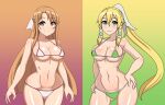 2_girls alluring asuna_(sao) auburn_hair bikini blonde_hair breasts brown_eyes green_eyes leafa posing sword_art_online ミントチョ子