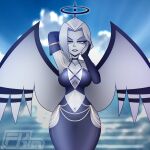  1girl angel angel_girl angel_wings black_halo clothed dress fkim fkimnsfw halo hazbin_hotel lute_(hazbin_hotel) sfw solo standing twitter vivienne_medrano vivziepop wings 