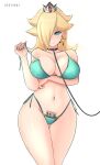  1girl aqua_bikini aqua_swimsuit arm_under_breasts barcode barcode_tattoo big_breasts bikini blonde_hair blue_bikini blue_eyes blue_swimsuit breasts collar crown earrings hair_over_one_eye leash long_hair mario_(series) midriff mole mole_on_breast navel nintendo princess_rosalina pubic_tattoo side-tie_bikini side-tie_swimsuit star_earrings super_mario_galaxy swimsuit tattoo uzzy2801 