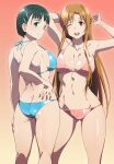  2_girls aqua_eyes ass asuna_(sao) big_breasts bikini black_hair breasts brown_eyes brown_hair female_focus kirigaya_suguha long_hair looking_at_viewer midriff multiple_girls navel puge short_hair smile standing swimsuit sword_art_online upscaled yuuki_asuna 