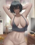 1girl 1girl 1girl areola armpits arms_behind_head big_breasts big_breasts bottomless breasts clothed_female crop_top eye_contact female_focus female_only fubuki_(one-punch_man) looking_at_viewer mature mature_female medium_hair one-punch_man revealing_clothes savagexthicc short_hair solo_female solo_focus tagme upper_body wide_hips