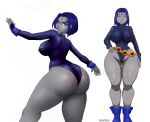  1girl 1girl aeondud alternate_version_available back_view belt big_ass big_ass big_breasts boots dat_ass dc_comics fat_ass female_focus female_only leotard nipple_bulge rachel_roth raven_(dc) rear_view superheroine teen_titans thick_thighs white_background wide_hips 