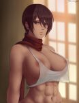 1girl 1girl abs areola attack_on_titan big_breasts big_breasts black_hair breasts clothed_female female_focus female_only huge_breasts mature mature_female mikasa_ackerman nipples nipples_visible_through_clothing savagexthicc scarf shingeki_no_kyojin short_hair solo_female solo_focus tagme transparent_clothing