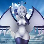 1girl angel angel_girl angel_wings black_halo fkim fkimnsfw halo hazbin_hotel lute_(hazbin_hotel) nude nude_edit standing twitter vivienne_medrano vivziepop wings