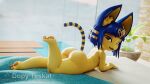 1girl 1girl 1girl 2022 3d 3d_(artwork) animal_crossing ankha_(animal_crossing) anthro ass ass_focus cat cat_ears cat_tail dat_ass dopyteskat felid feline felis fur furry furry_only leg_lift looking_at_viewer looking_back lying nintendo nude open_mouth shortstack tail thick_thighs yellow_body yellow_fur